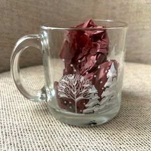 Libby Frosted Pines Glass mug, made in USA, gold tone rim, white, grey, clear